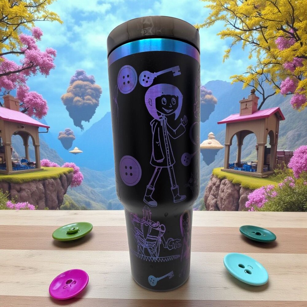 Gothic Coraline Inspired 40oz Insulated Tumbler – Laser Engraved Design